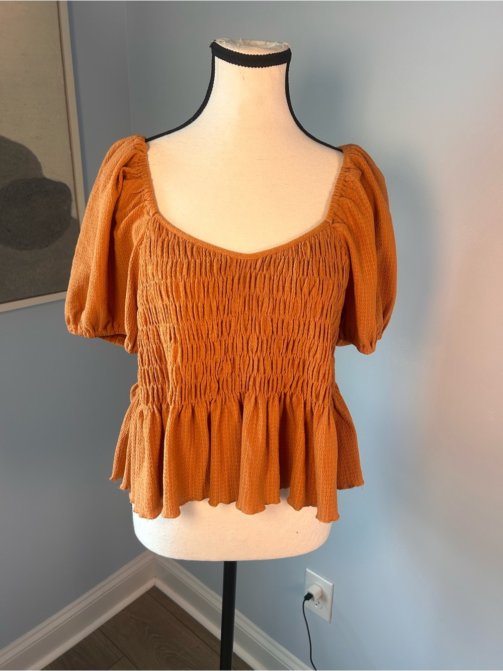 Very J Rust Smocked Peplum Puff Sleeve Top